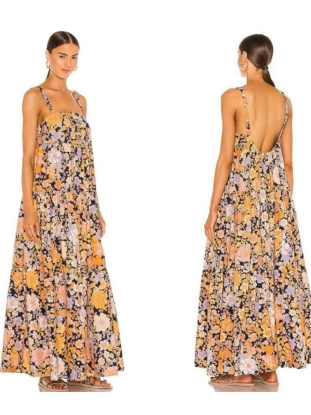 Free People Park Slope Dupe! Floral Tiered Maxi Dress. — Black and Peach Floral - Picture 3 of 3